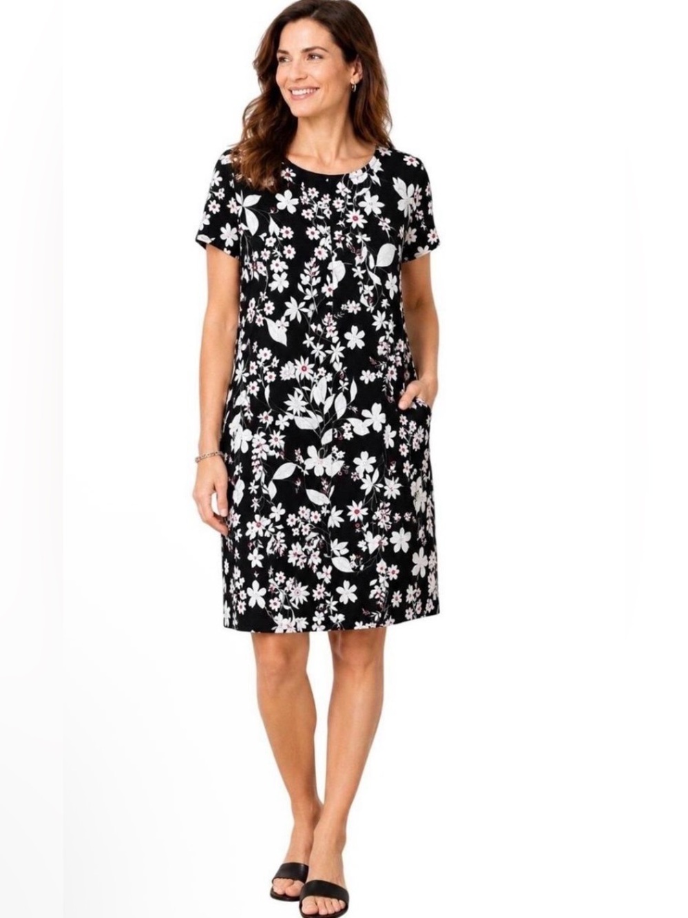 J. Jill Black Floral Dress Short Sleeve Shift Pockets Size Large